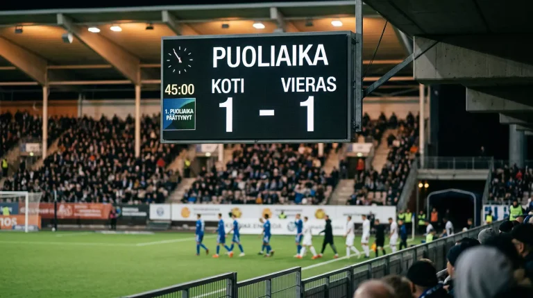 Jalkapallo-ottelu puoliajalla, stadionin taulu nayttaa puoliaikatuloksen