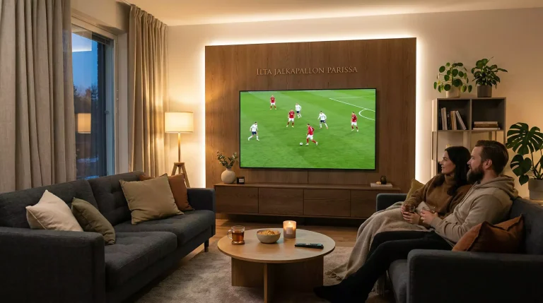 Televisio nayttaa jalkapallo-ottelua olohuoneessa